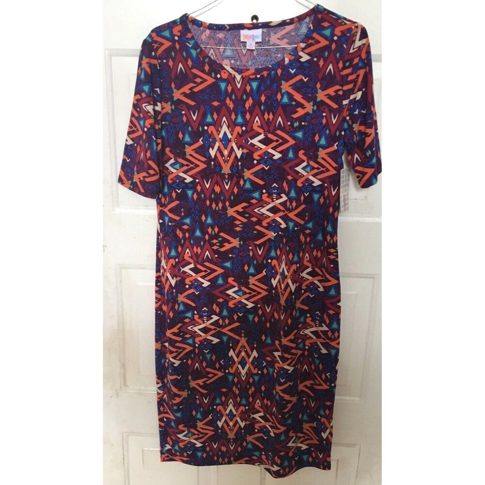 LulaRoe Julia Dress Burgundy Purple Blue Orange Geometric Medium Free Ship NWT